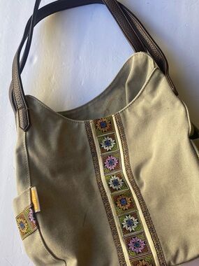 Beige Canvas Shoulder Bag with Embroidered Trim
